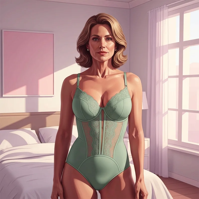 A woman wearing a high-quality supportive garment for a huge bra size in a bright bedroom.