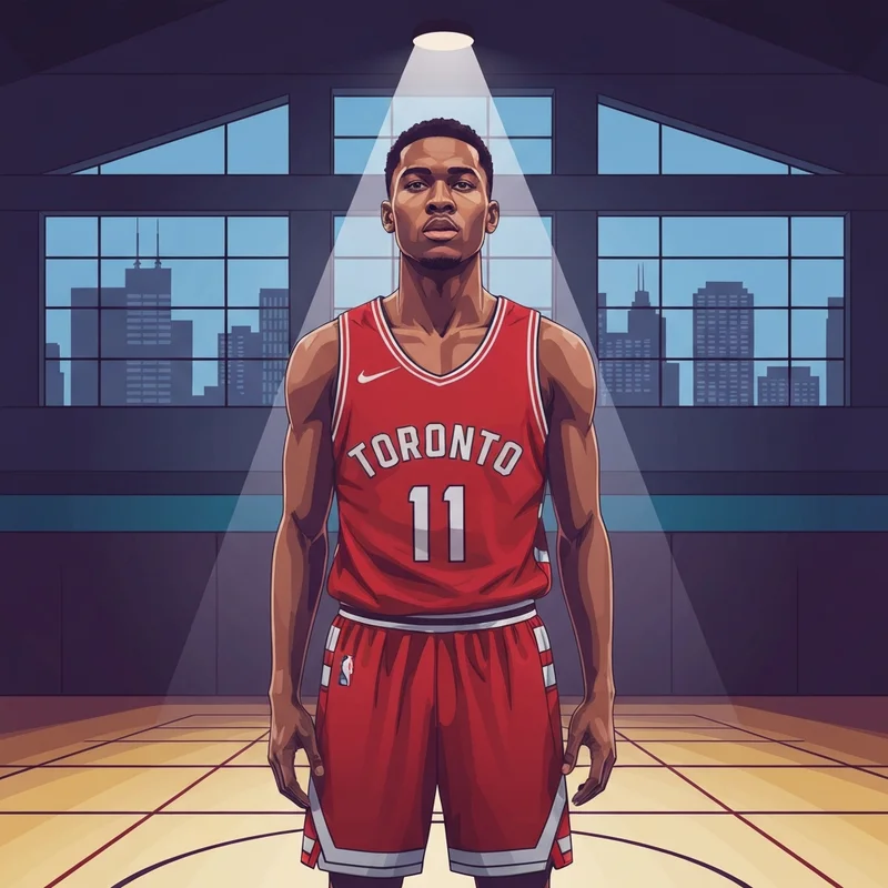 RJ Barrett standing in the spotlight on a Toronto basketball court representing the Raptors.