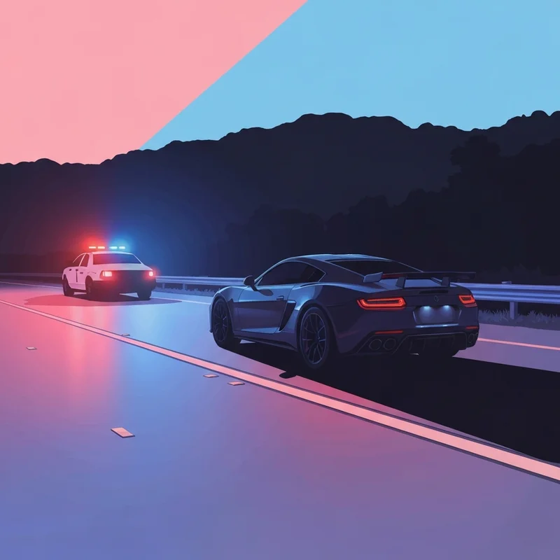 A cinematic night scene of a luxury car involved in the Sha'Carri Richardson speeding arrest incident under police lights.