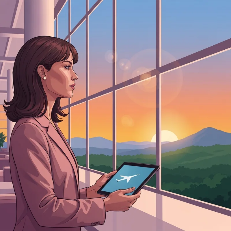 A young traveler planning her next adventure using the decolar bra platform during a sunset at the airport.