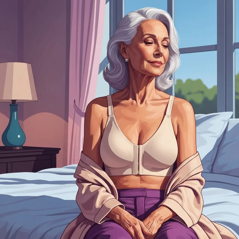An elderly woman smiling while wearing a comfortable best bra for elderly woman in a sunny bedroom.