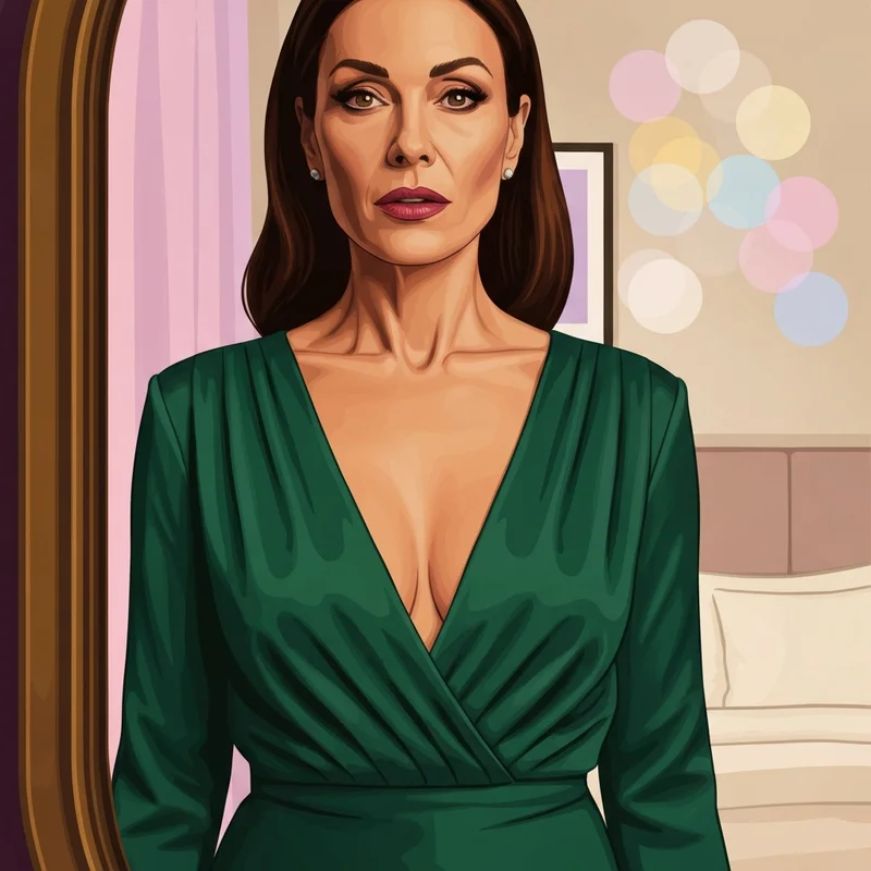 A woman wearing a deep V-neck dress demonstrating what is a plunge bra silhouette.