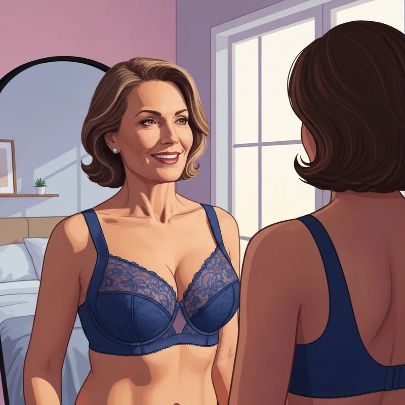 A mature woman wearing the best bra for large sagging breasts, showing a lifted and confident silhouette in a mirror.