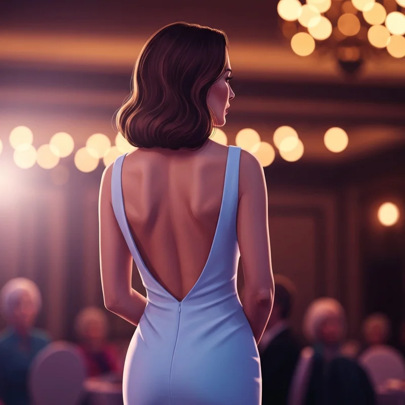 A woman wearing an elegant gown with a deep back, showcasing the flawless silhouette provided by backless shapewear.