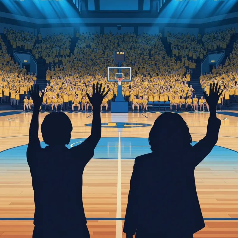 Michigan basketball fans cheering in a sea of maize at the Crisler Center.