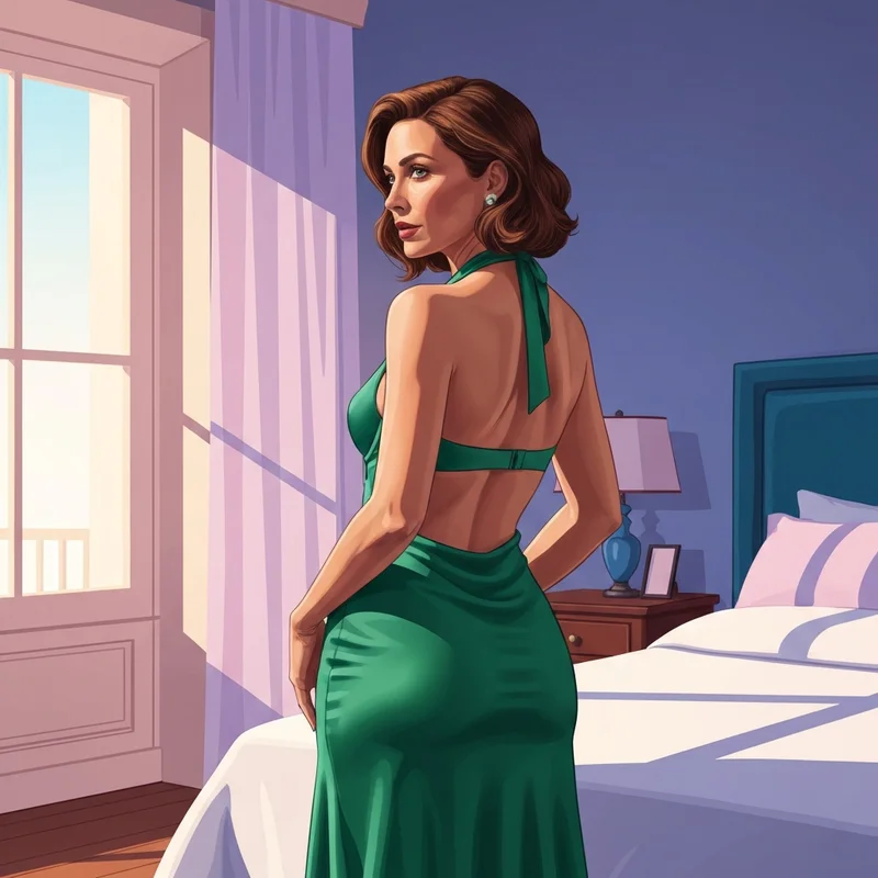 A woman wearing an emerald green silk halter dress showing the perfect bra to wear with halter dress solution for a smooth silhouette.