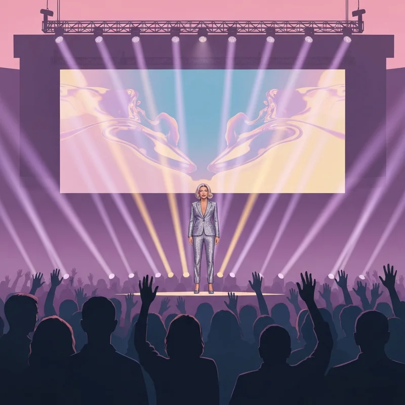 A cinematic arena stage setup for the Hilary Duff World Tour with vibrant lights and a cheering crowd.