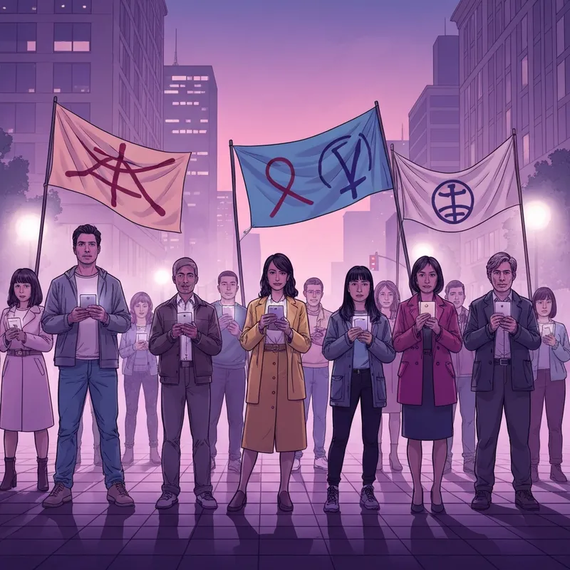 A group of diverse activists participating in peaceful ice protests in a metropolitan setting at sunset.