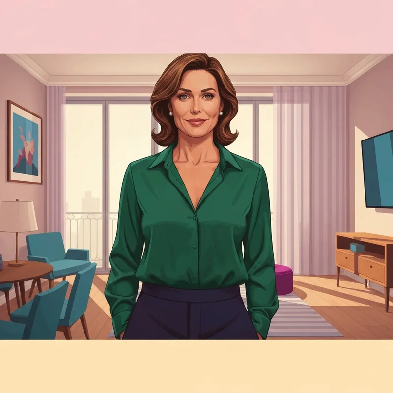 A stylish woman wearing a supportive huge boobs bra under a silk blouse looking confident in a sunlit room.