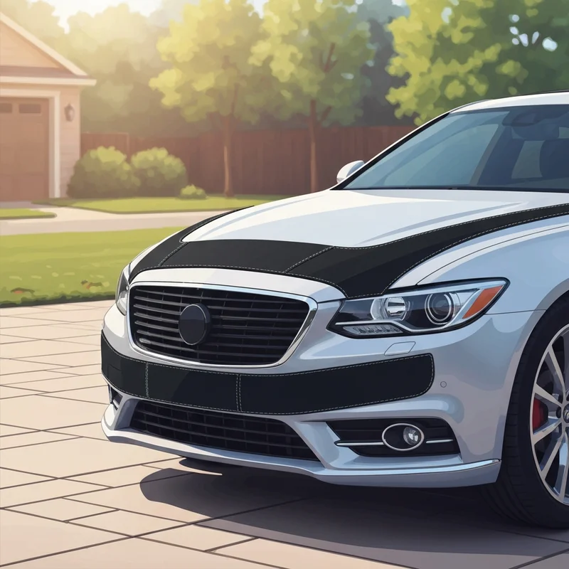 A sleek silver car with an auto hood bra installed for paint protection on a sunny driveway.