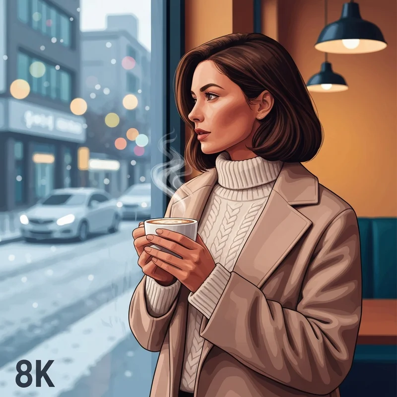 내일 날씨를 확인하며 따뜻한 카페에서 여유를 즐기는 세련된 여성의 모습