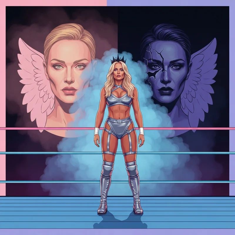 A cinematic representation of the Alexa Bliss Goddess and Sinister Genius archetypes in a neon wrestling ring.
