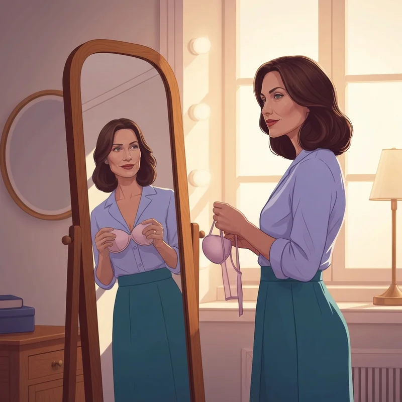 A woman discovering her perfect fit through the demi bra definition in a sunlit dressing room.