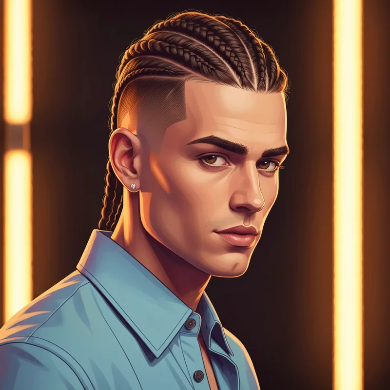 A stylish young man showcasing a complex and fresh braid for men's designs with geometric parting and a fade.