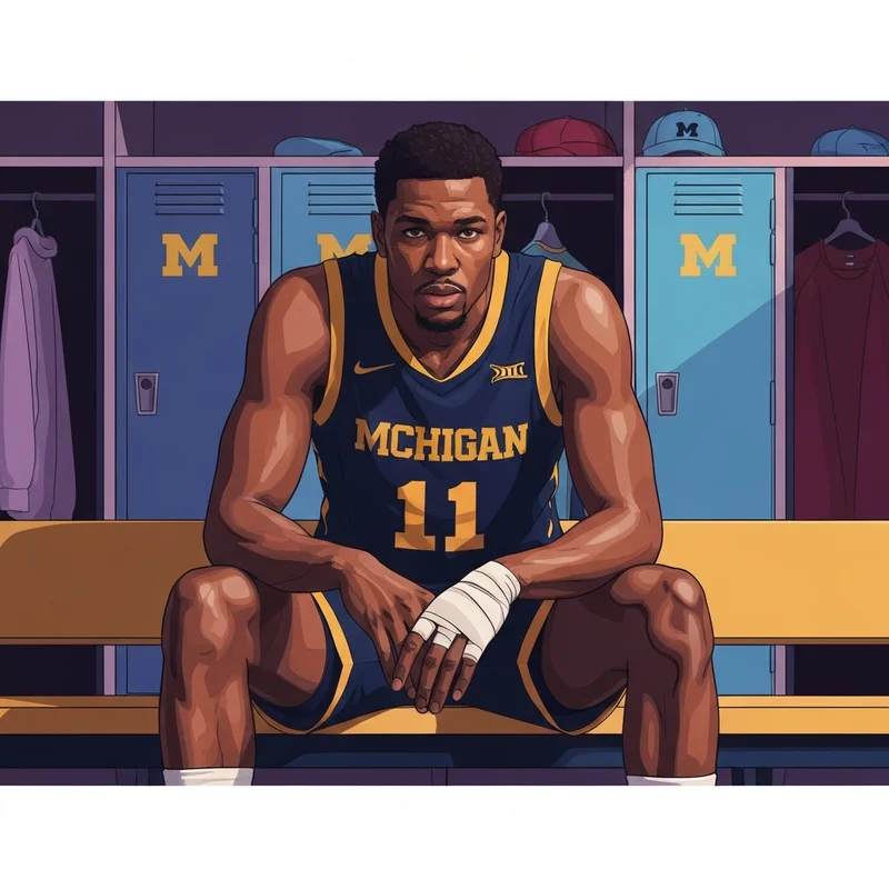 Yaxel Lendeborg focusing in the locker room before a Michigan basketball game.