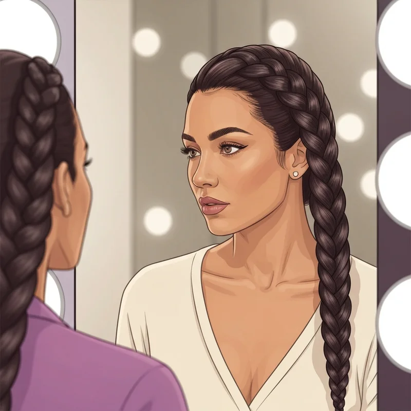 A detailed close-up of a perfectly styled ponytail braid weave on natural hair showing a sleek finish.