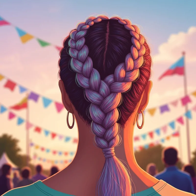 A detailed close-up of a person showing how to braid 4 strands in a beautiful, high-volume festival style.