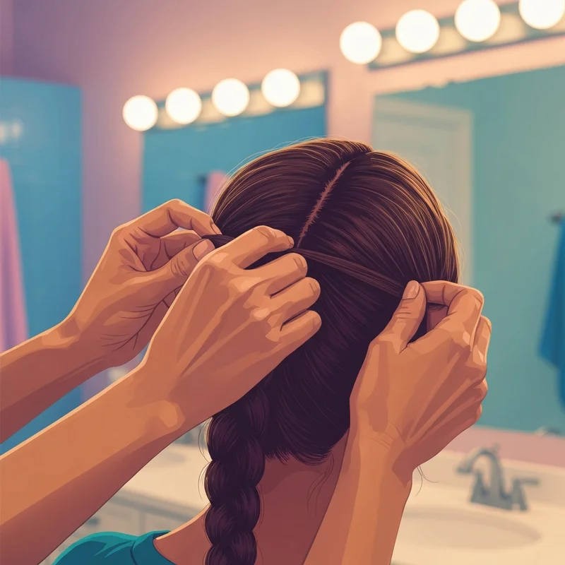 A woman performing a flat braid down for a seamless wig install foundation.
