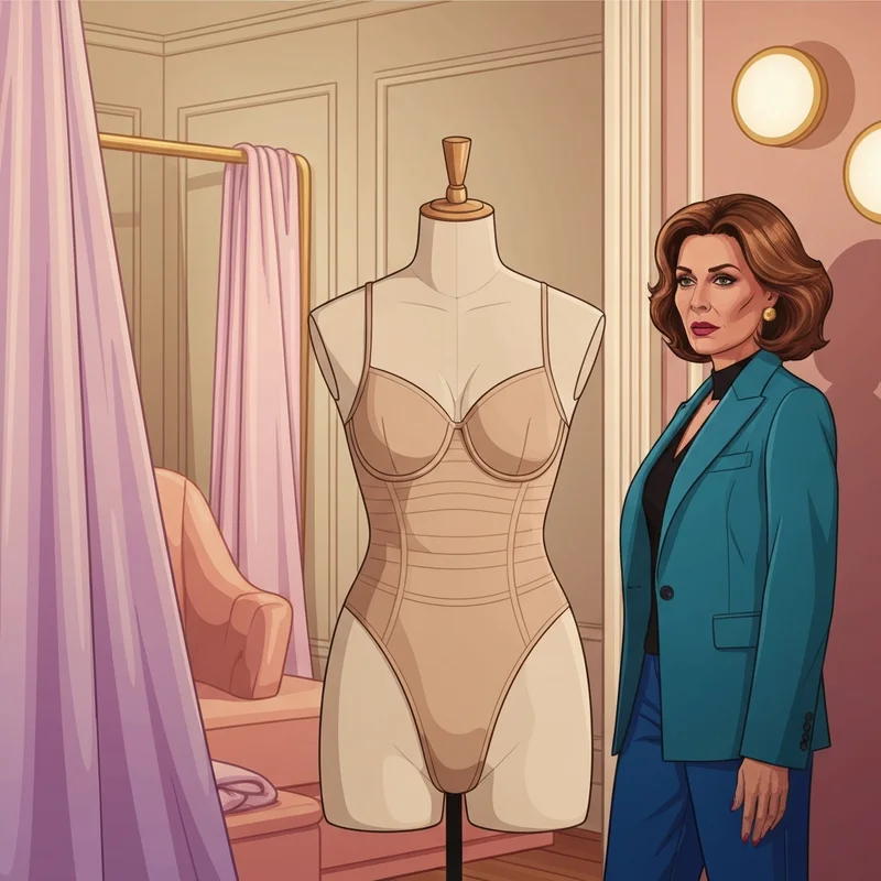 A luxury display of macys shapewear in a high-end boutique setting, emphasizing a snatched and seamless silhouette.