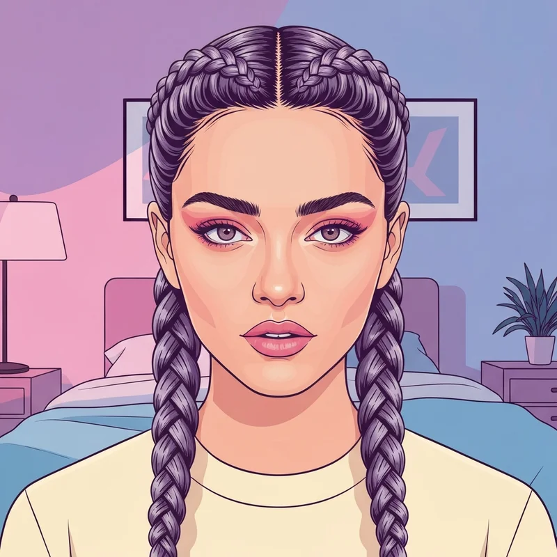 A young woman showcasing her snatched cute two braid hairstyles with a clean girl aesthetic and symmetrical parting.