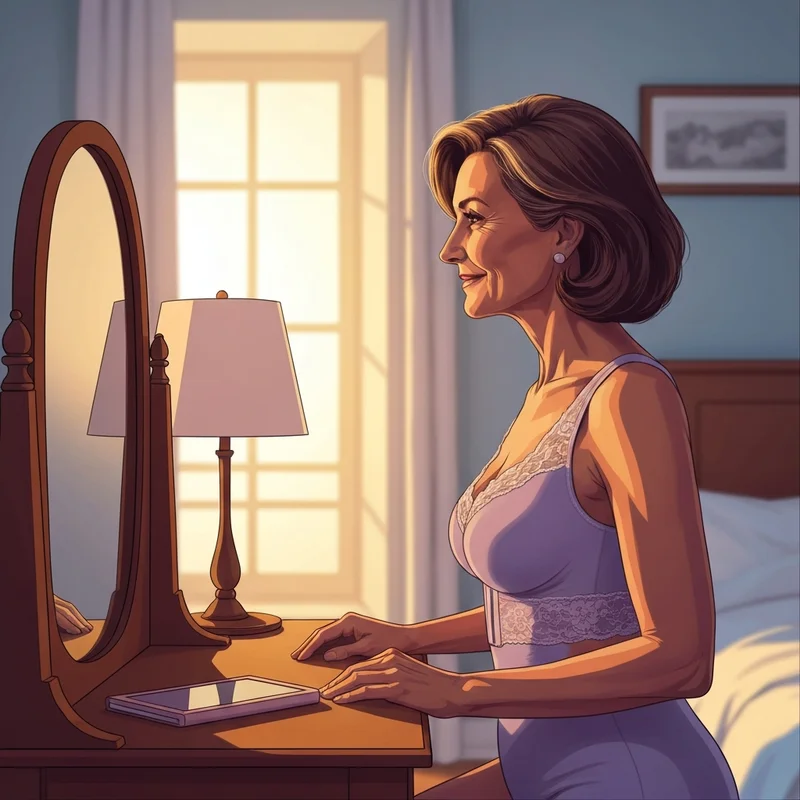 A woman over 45 feeling confident and comfortable in the best wireless front closure bra while getting ready in the morning.