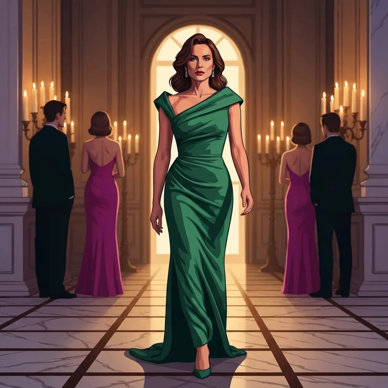 A woman wearing a stunning formal women's black tie wedding guest dress in a luxury ballroom setting.