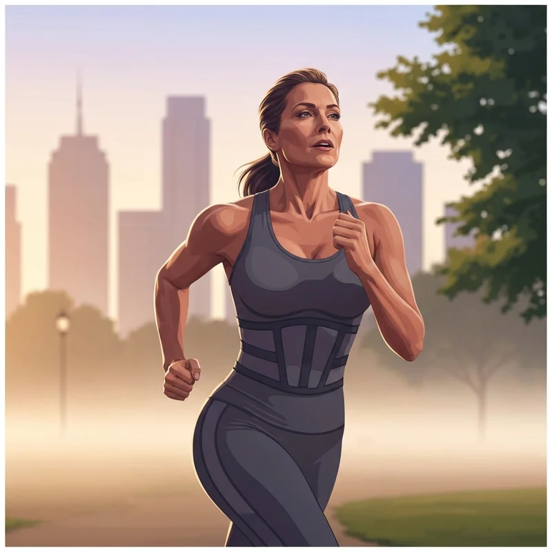 A woman running confidently in the best high impact sports bra for large breasts during a sunrise workout.