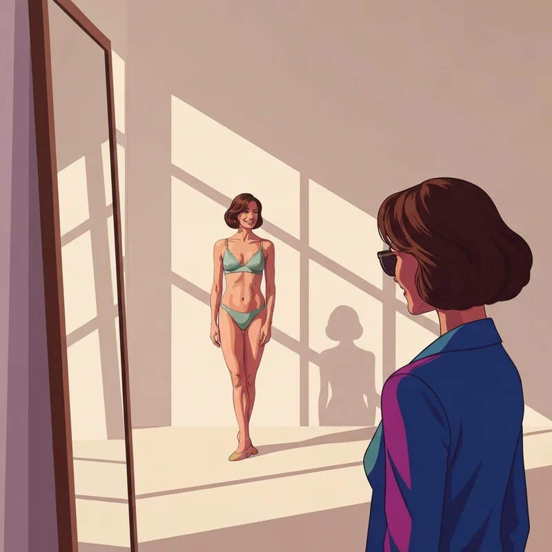 A woman confidently wearing the smallest bra size in a high-fashion editorial setting.