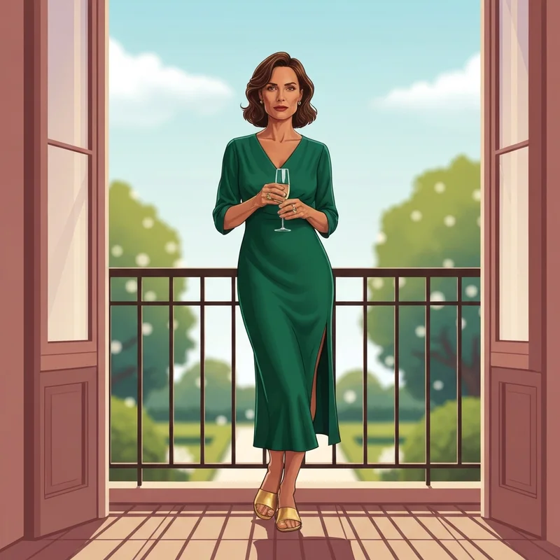 A woman wearing one of the most stylish mid calf dresses for wedding guests at an elegant outdoor ceremony.