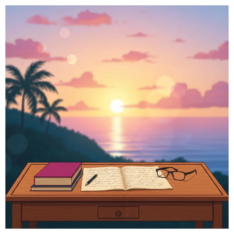 A serene tropical sunset symbolizing the legacy of Danielle Scott-Haughton and her work on Death in Paradise.