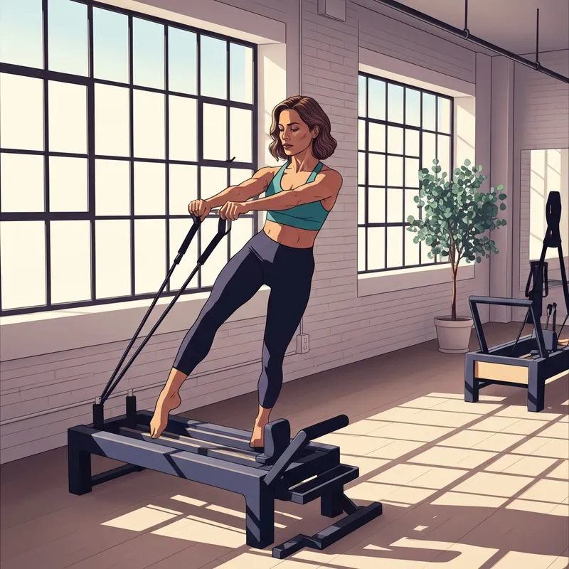 A woman practicing reformer pilates minneapolis in a sun-drenched industrial loft studio.