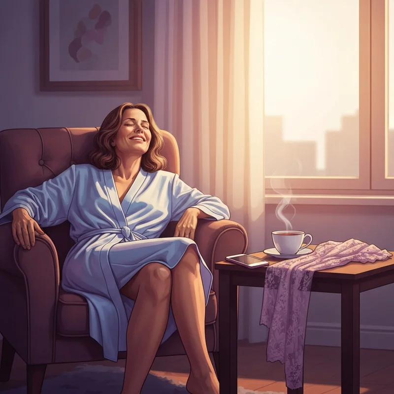 A woman experiencing the relief of the taking off bra gif ritual in a cozy home setting.