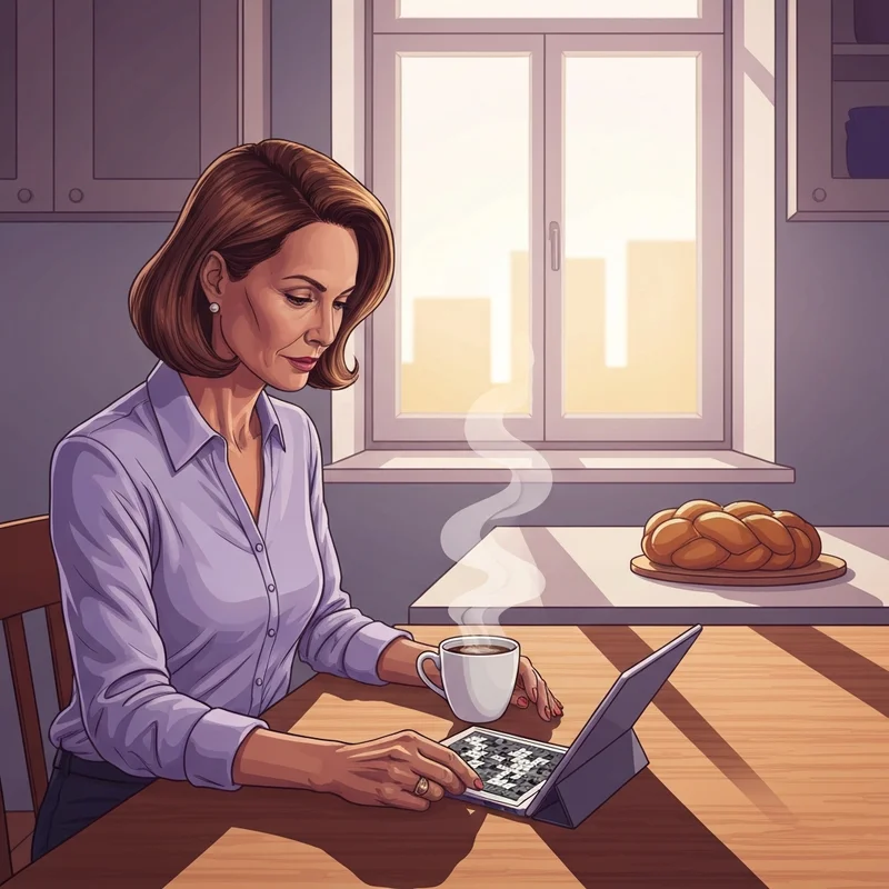 A woman solving a braid crossword clue during her morning ritual.