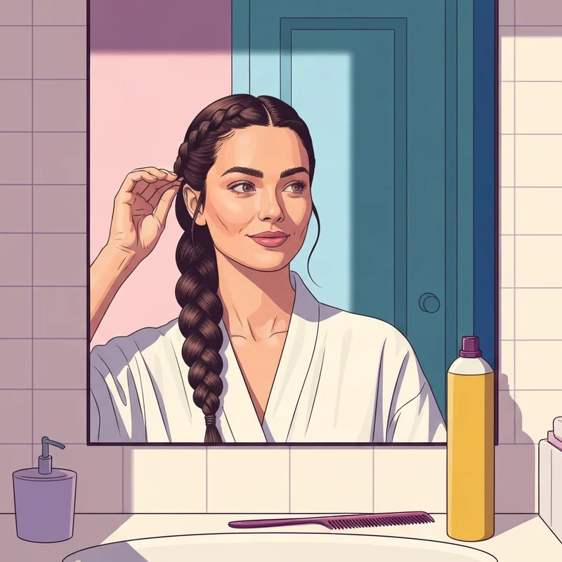 A young woman demonstrating how to braid the front of your hair in a sunlit bathroom for a clean girl aesthetic.