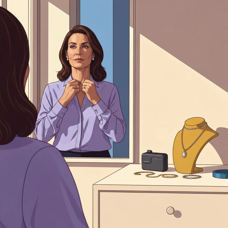 A confident woman preparing for her day with a concealed bra holster under her silk blouse.