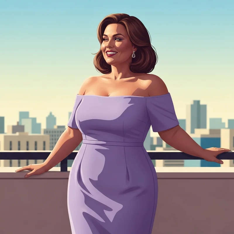 A confident woman wearing the best strapless bra for plus size under a fashionable off-the-shoulder dress.