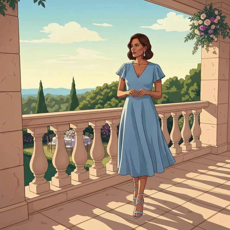 A woman wearing a stylish midi light blue wedding guest dress at a sun-drenched outdoor reception.