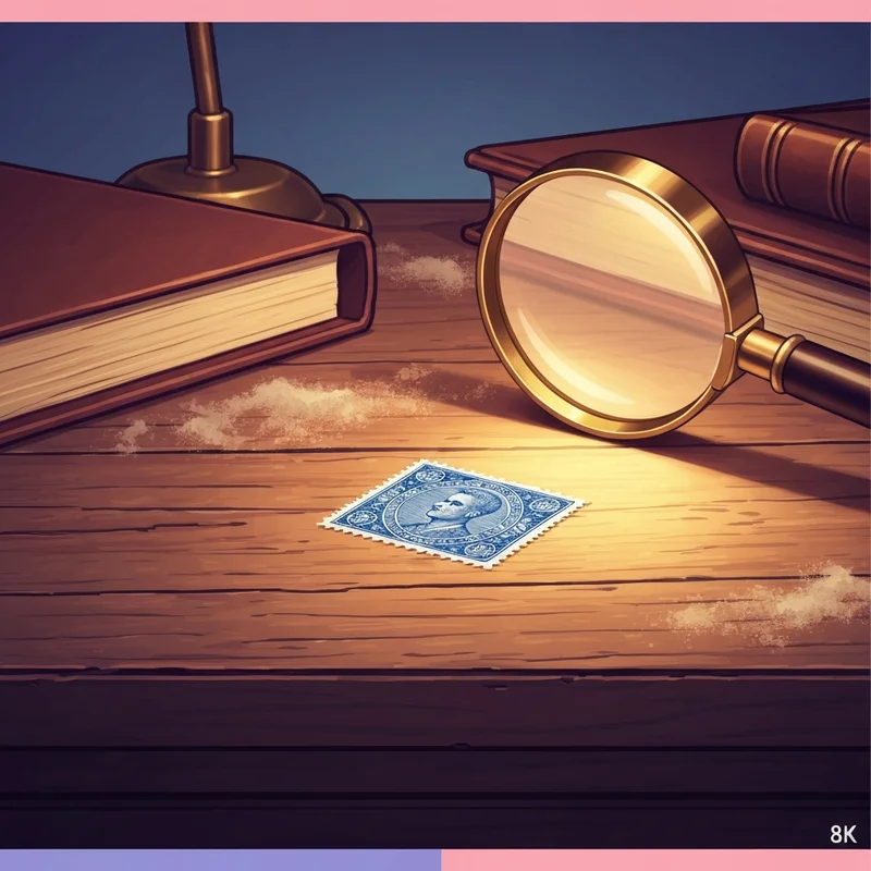 A rare stamp collection displaying old postage stamps that are worth money under a magnifying glass.