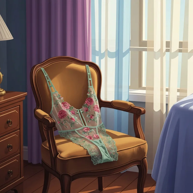 A beautifully designed floral bra with intricate rose embroidery resting on a vintage chair in the morning light.