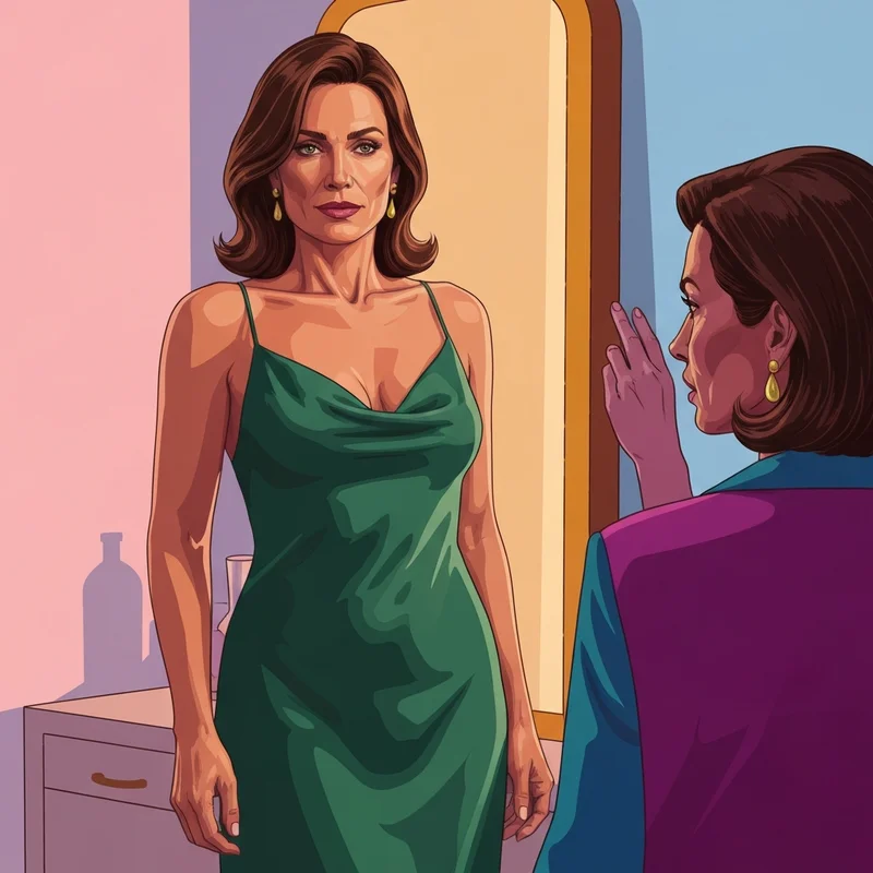 A confident woman in an elegant dress demonstrating the smoothing effects of shapewear for tummy control.