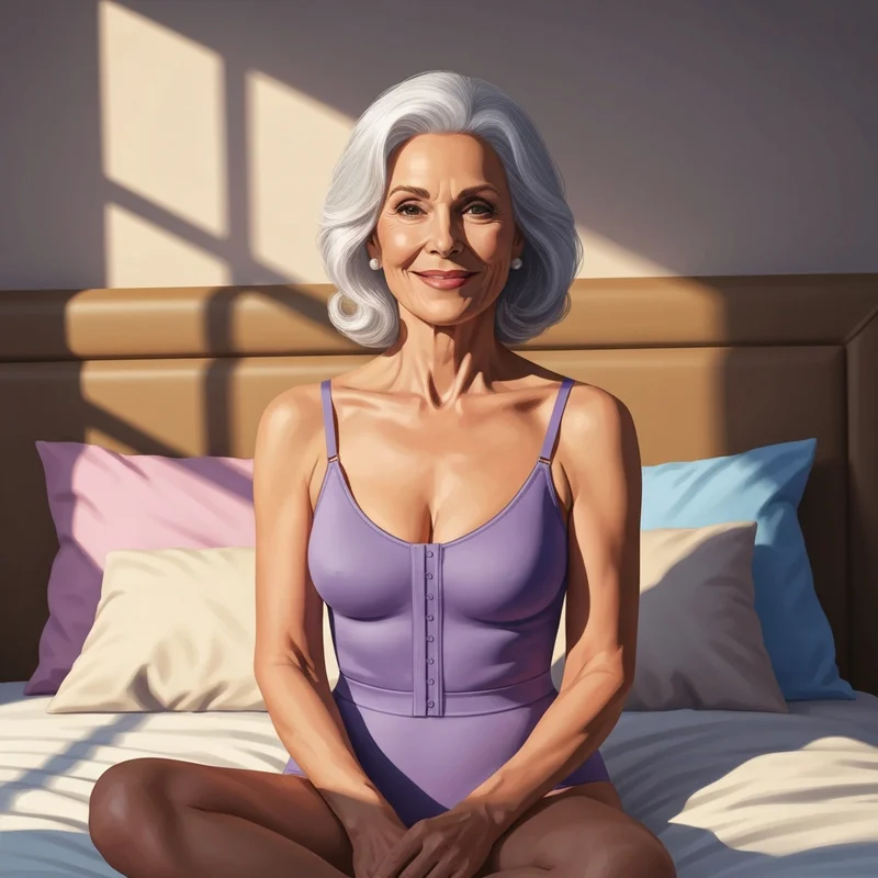 An elegant older woman wearing a comfortable and supportive bra for old lady in a sunlit room.