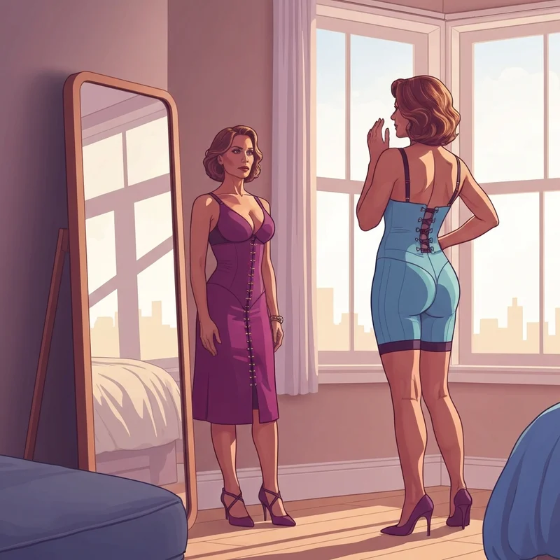 A confident woman wearing high-quality faja shapewear in front of a mirror to enhance her silhouette.
