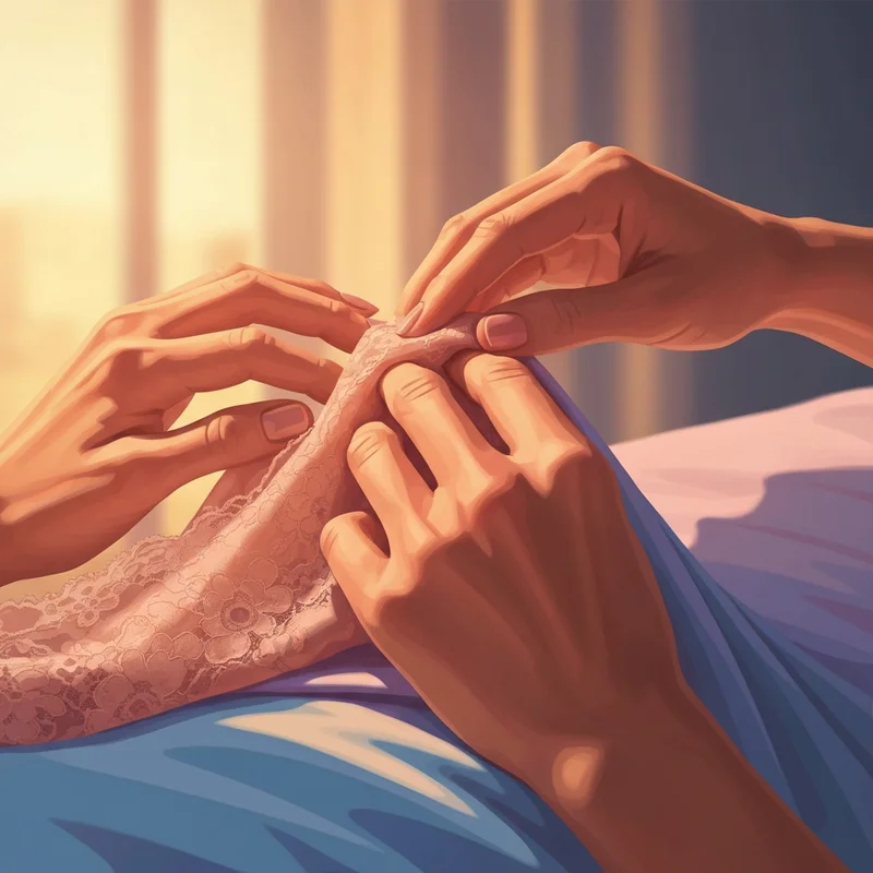 A close-up of hands on soft silk fabric illustrating the confidence needed when taking a bra off.