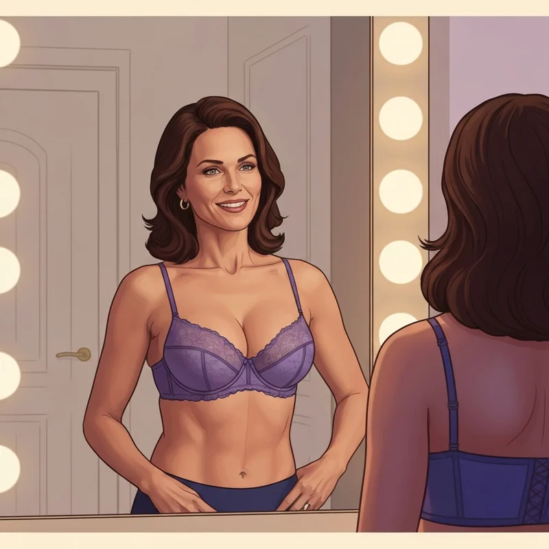 A woman admiring her silhouette in a mirror while wearing a perfectly fitted ddd bra cup for maximum support.