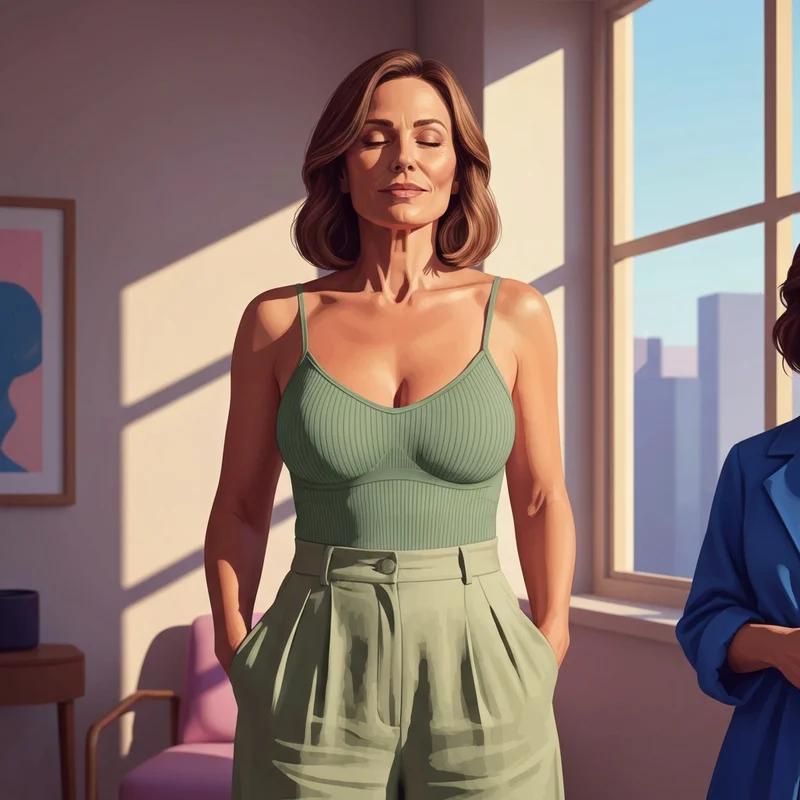 A woman wearing a stylish sage green camisole bra top in a minimalist setting.