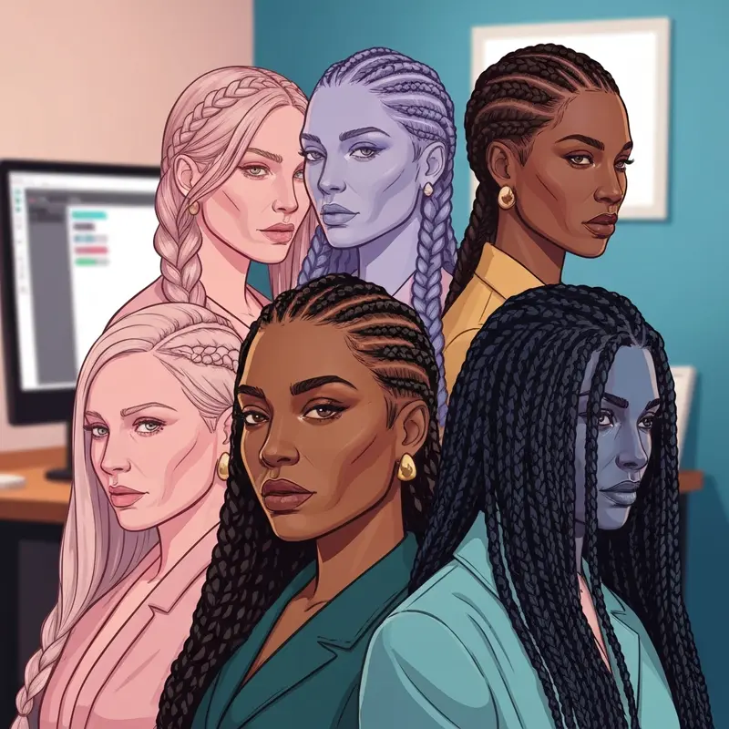 A diverse group of digital art characters showcasing different ways of how to draw braid styles with realistic lighting and texture.