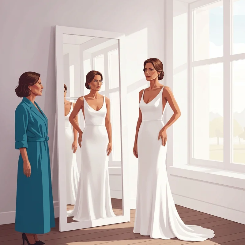 A confident bride showcasing the smooth silhouette provided by her bridal shapewear under a silk gown.