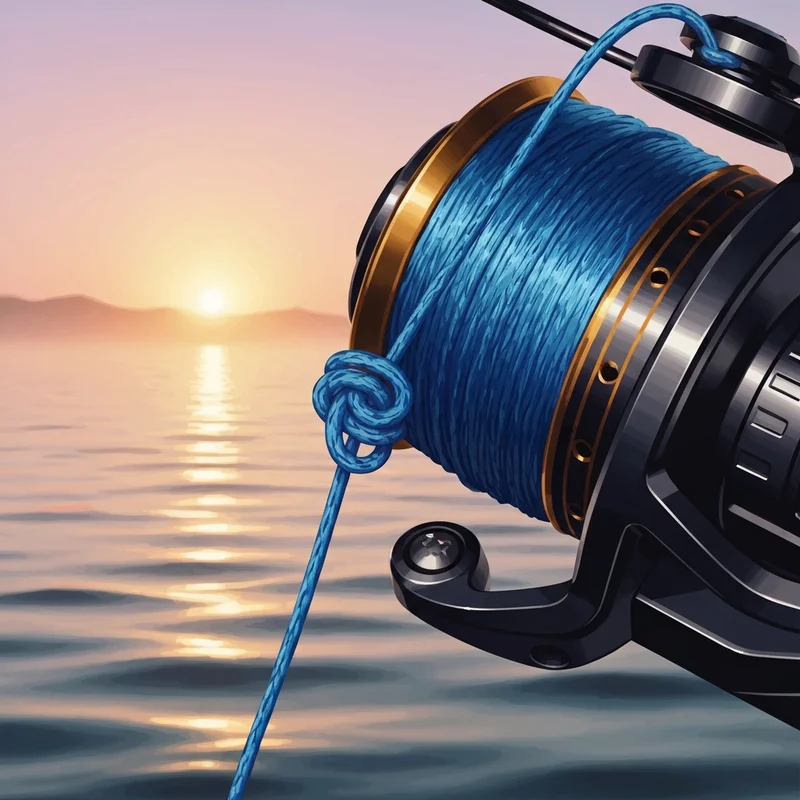A detailed close-up of a perfectly tied braid to braid knot on a high-performance fishing reel during a sunrise fishing session.