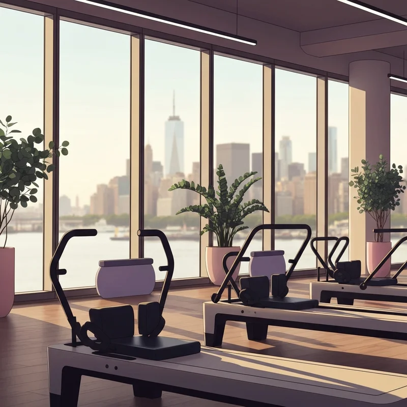 A luxury boutique studio for pilates hoboken featuring high-end reformer machines and a view of the Hudson River.