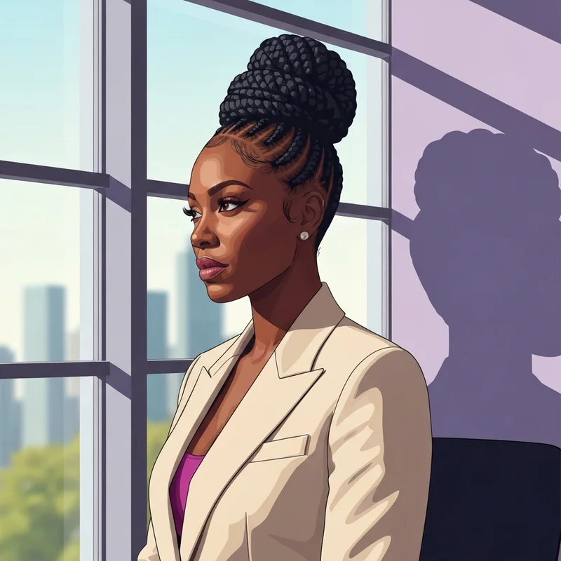 An elegant professional woman showcasing architectural black hair braid updo styles in a corporate setting.